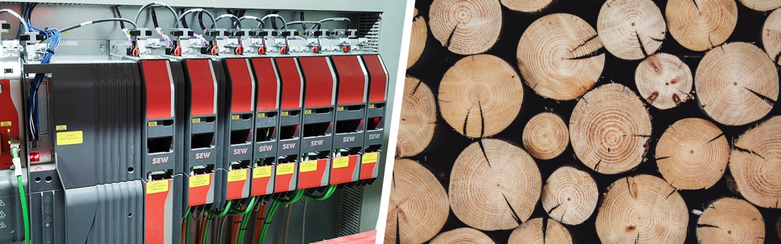 Steuerungstechnik in einem Schaltschrank (links) Gestapelte Holzstämme (rechts)
